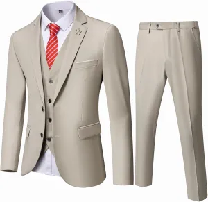 Hihawk Men's 3 Piece Suit with Stretch Fabric, Solid Slim Fit Two Button Suit Blazer Set, Jacket Vest Pants with Tie.