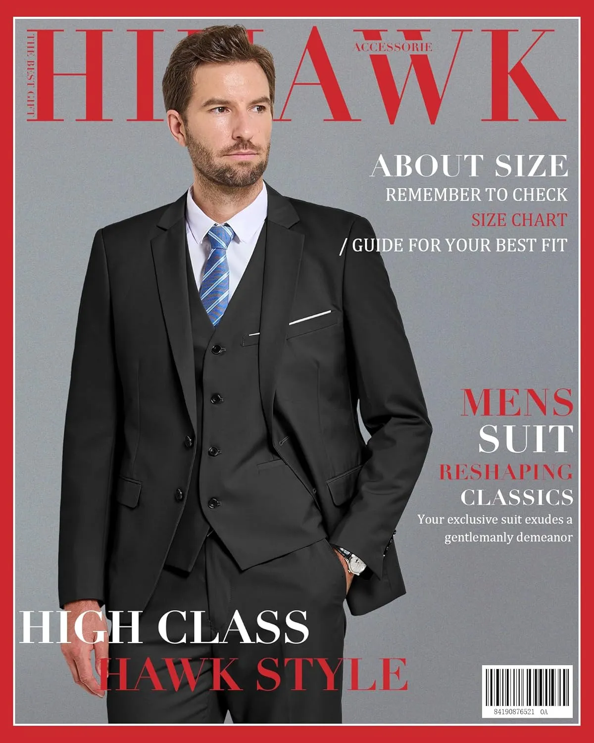 Hihawk Men's 3 Piece Suit with Stretch Fabric, Solid Slim Fit Two Button Suit Blazer Set, Jacket Vest Pants with Tie.