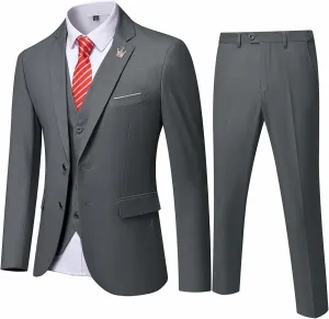 Hihawk Men's 3 Piece Suit with Stretch Fabric, Solid Slim Fit Two Button Suit Blazer Set, Jacket Vest Pants with Tie.