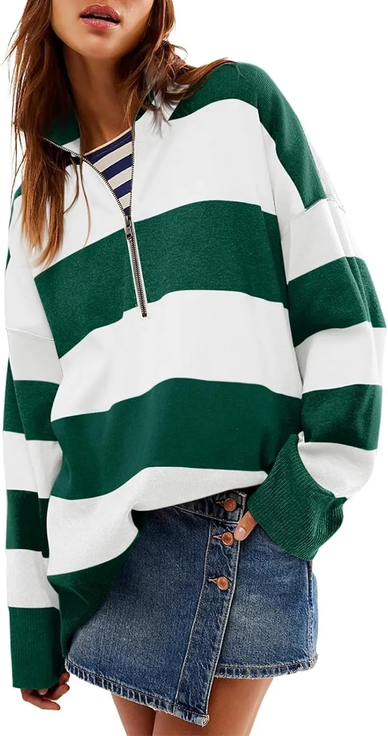 HXHYQKP Oversized Womens Striped Sweaters 2025 Half Zipper Turtleneck Vintage Zipper Long Sleeve Pullover Tops S-2XL
