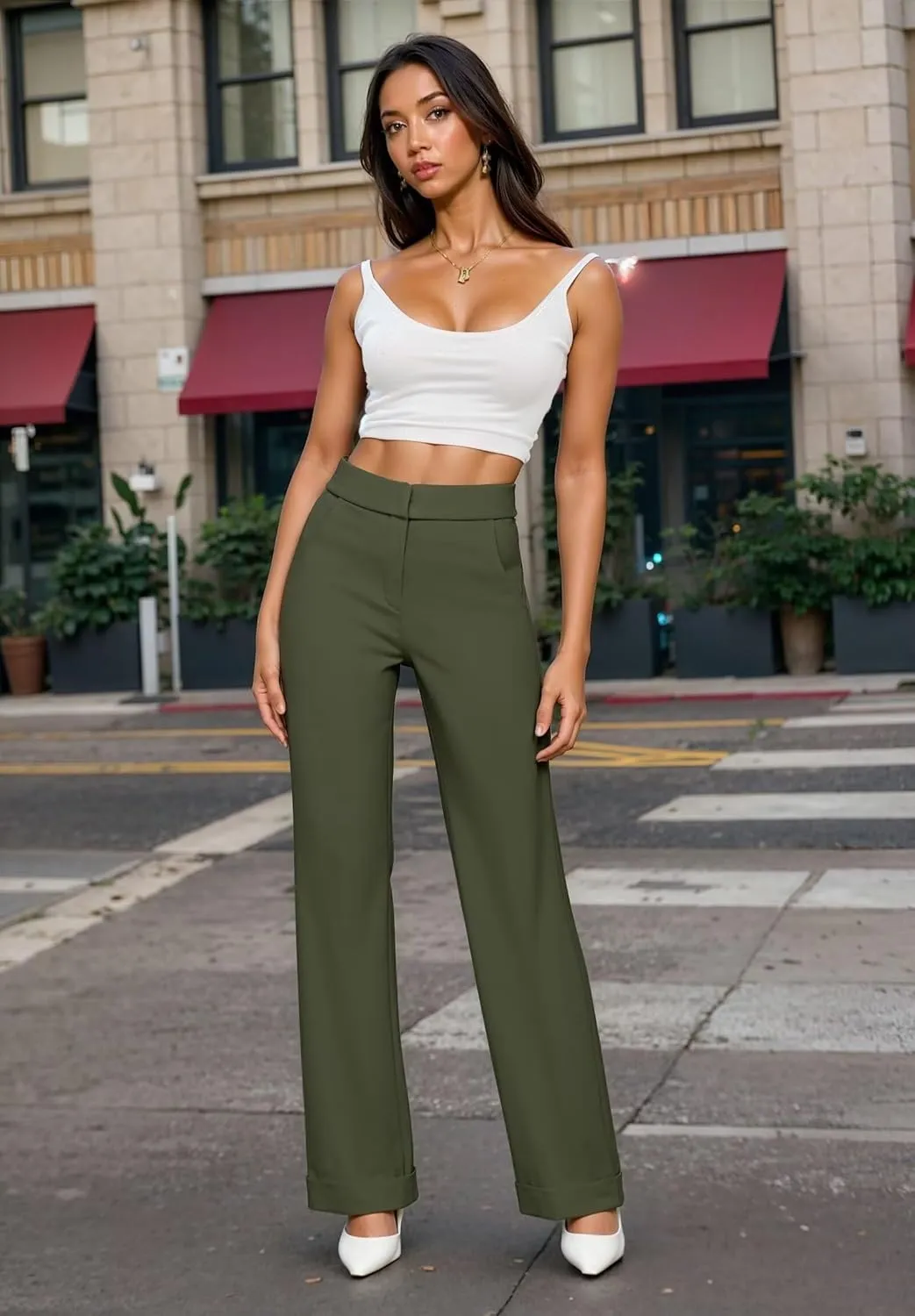 Hybrid & Company Women's High Waisted Straight Leg Suit Pants Business Work Casual Slacks Trousers
