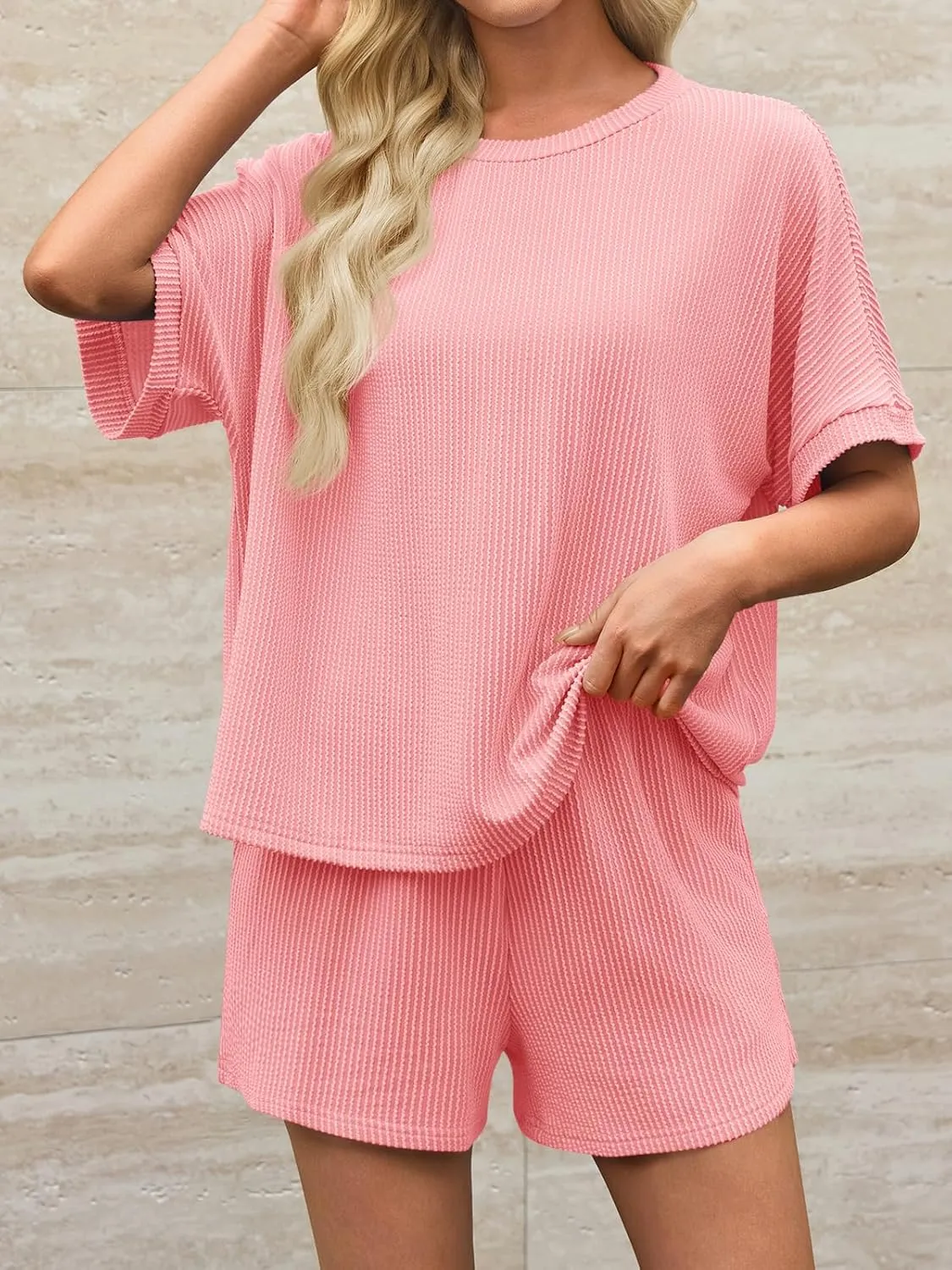 Imily Bela Womens 2 Piece Outfits 2025 Oversized Summer Short Sets Casual Beach Ribbed Short Sleeve Matching Set
