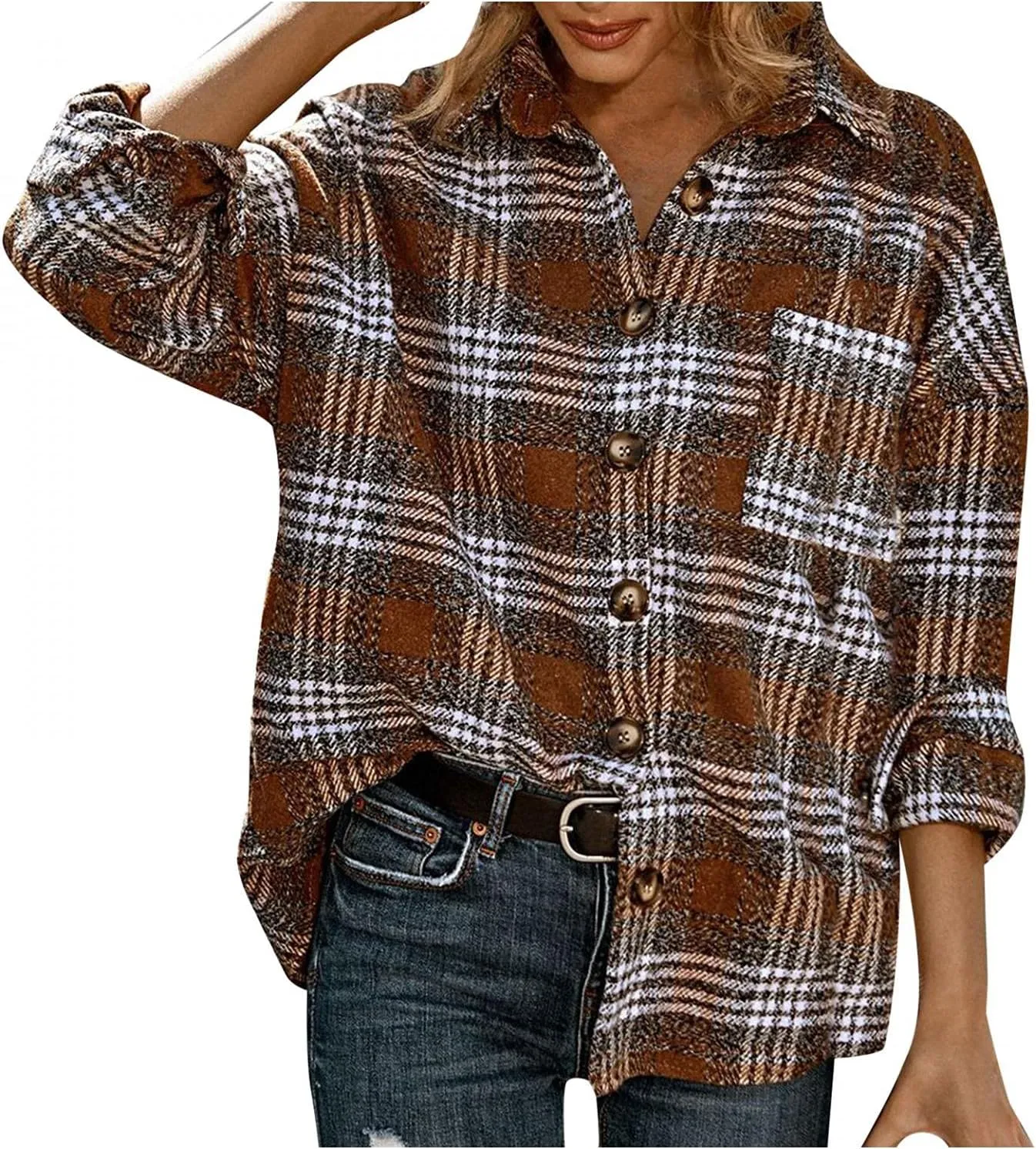 iQKA Women's Casual Christmas Plaid Jacket Long Sleeve Buttons Plush Cardigan Winter Warm Lapel Trench Coat