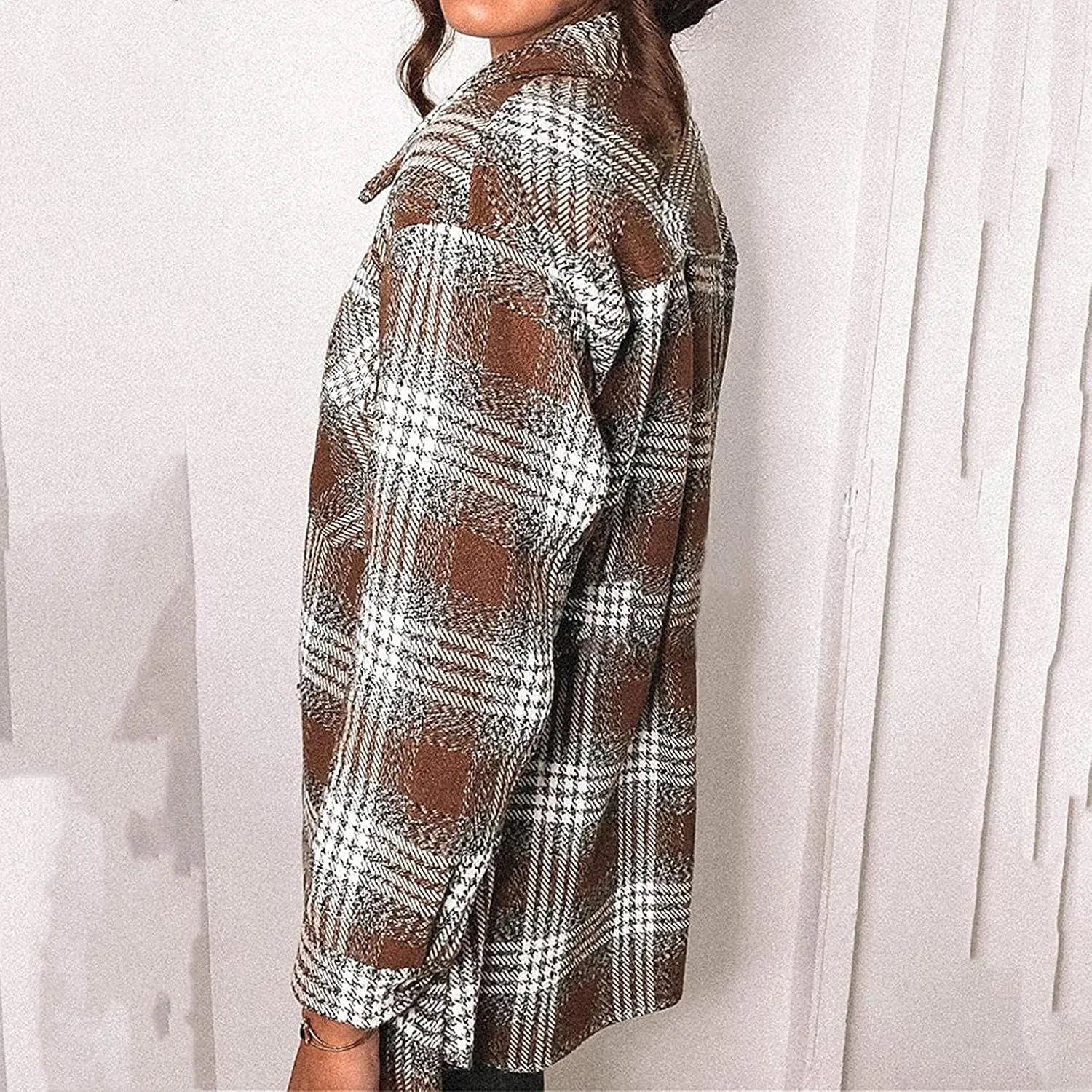iQKA Women's Casual Christmas Plaid Jacket Long Sleeve Buttons Plush Cardigan Winter Warm Lapel Trench Coat