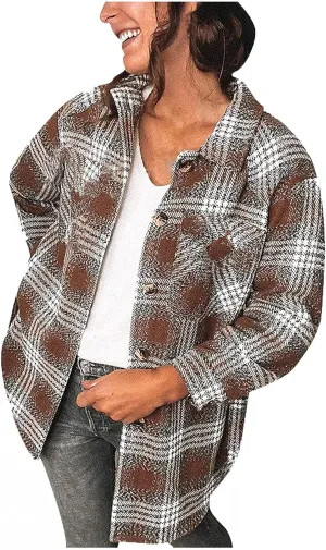 iQKA Women's Casual Christmas Plaid Jacket Long Sleeve Buttons Plush Cardigan Winter Warm Lapel Trench Coat