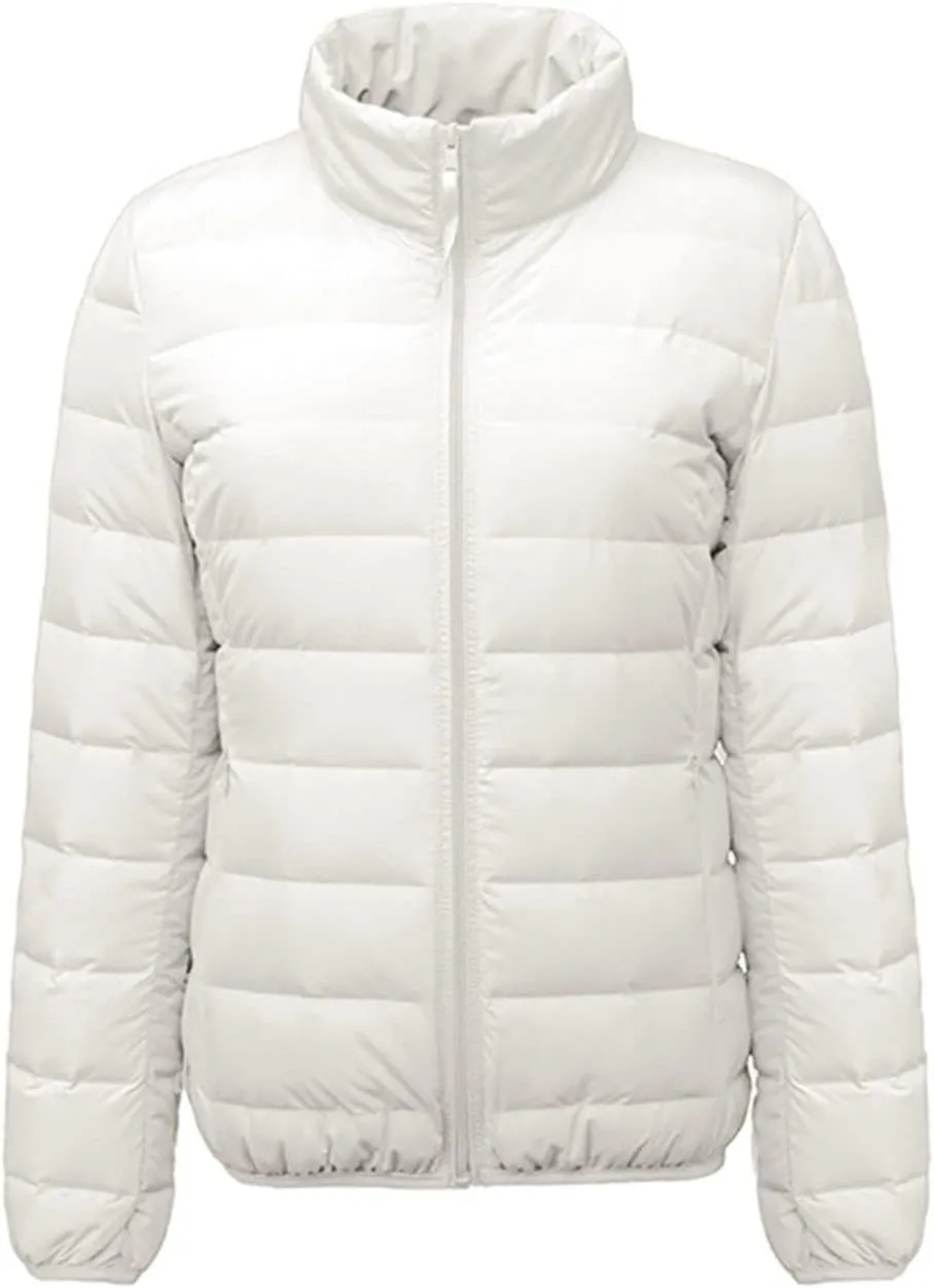 JEKE-DG Women's Packable Down Jacket Stand Collar Slim Light Down Coat Lightweight Puffer Jacket Hooded Winter Coat