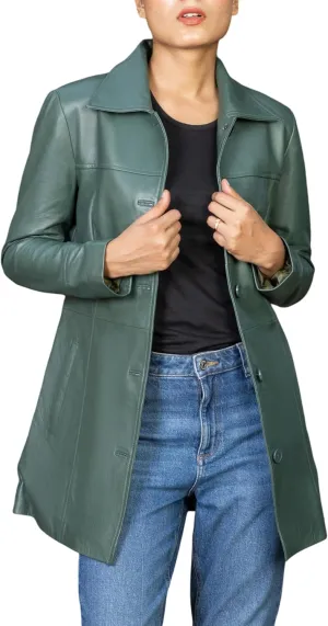 Jild Casual Car Coat Lambskin Leather Jacket Women – ¾ Length Blazer Overcoat Style Leather Long Coat Women