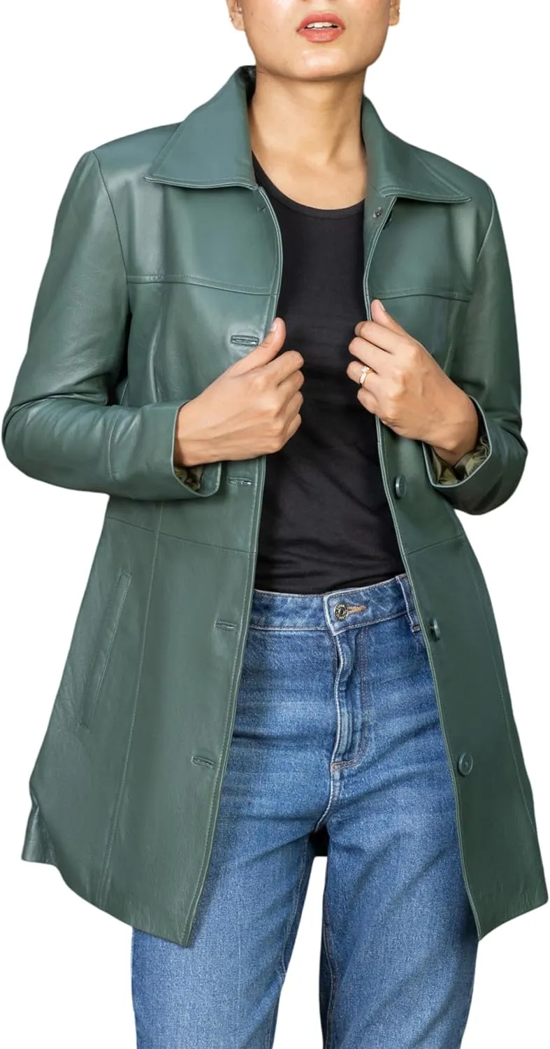 Jild Casual Car Coat Lambskin Leather Jacket Women – ¾ Length Blazer Overcoat Style Leather Long Coat Women
