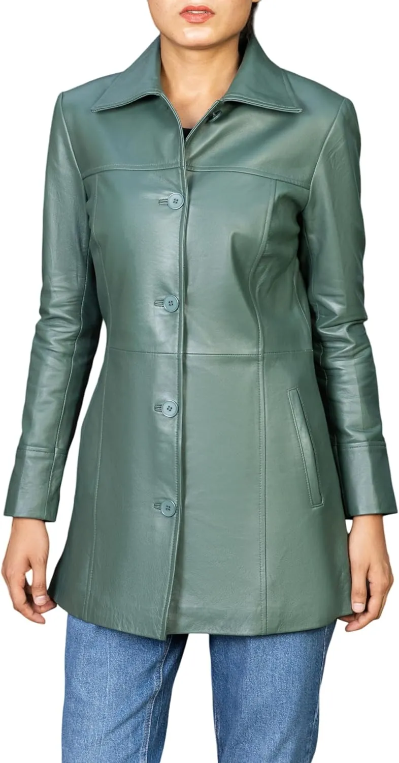 Jild Casual Car Coat Lambskin Leather Jacket Women – ¾ Length Blazer Overcoat Style Leather Long Coat Women