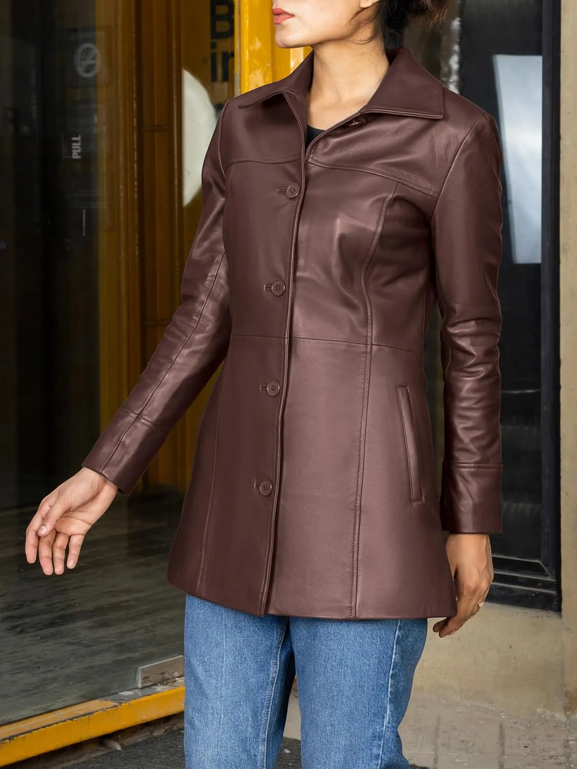 Jild Casual Car Coat Lambskin Leather Jacket Women – ¾ Length Blazer Overcoat Style Leather Long Coat Women