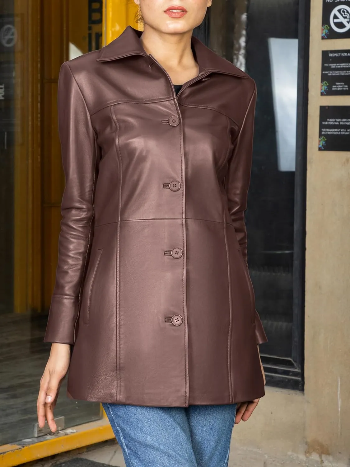 Jild Casual Car Coat Lambskin Leather Jacket Women – ¾ Length Blazer Overcoat Style Leather Long Coat Women