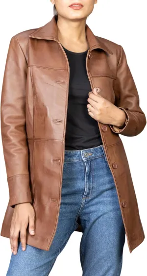 Jild Casual Car Coat Lambskin Leather Jacket Women – ¾ Length Blazer Overcoat Style Leather Long Coat Women