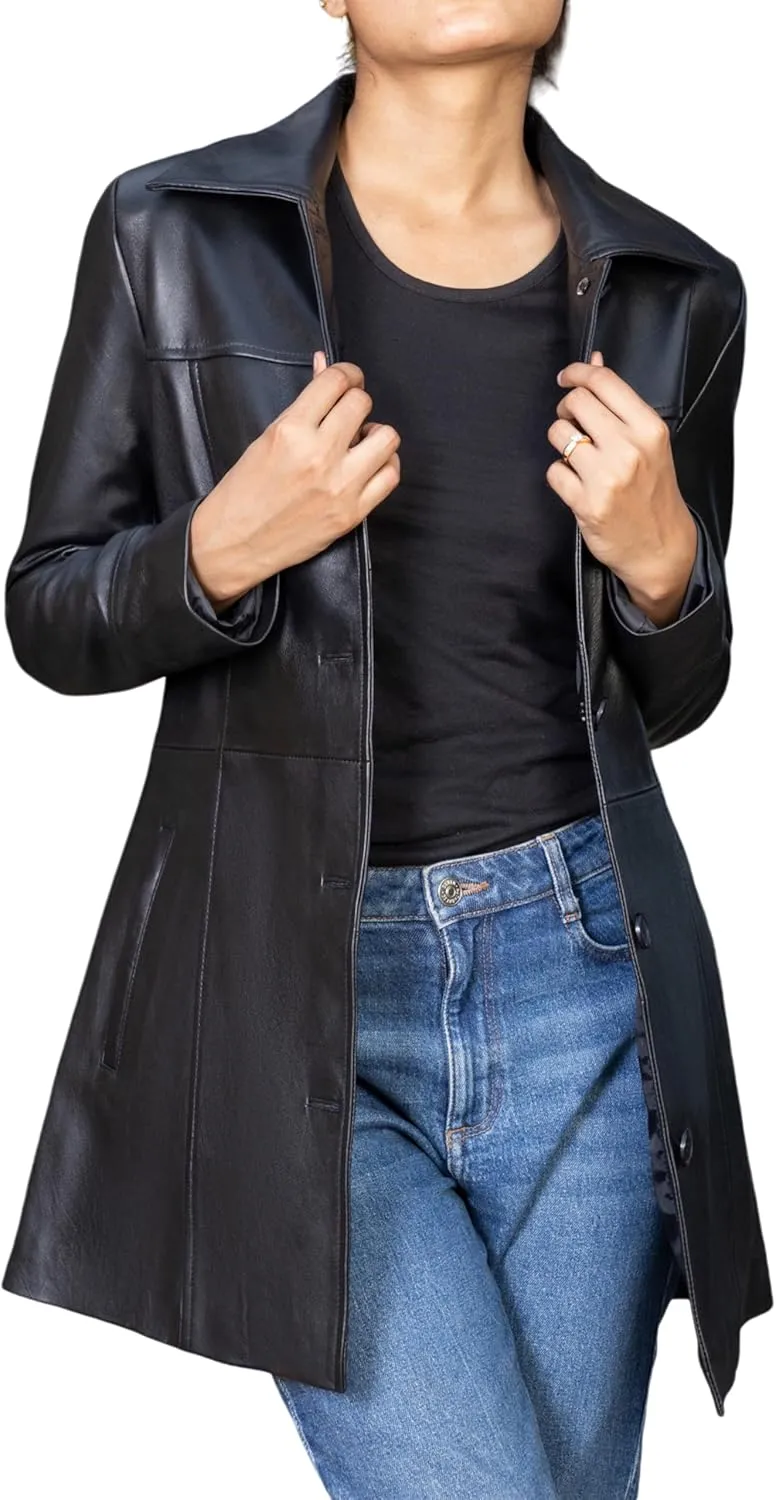 Jild Casual Car Coat Lambskin Leather Jacket Women – ¾ Length Blazer Overcoat Style Leather Long Coat Women