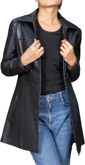Jild Casual Car Coat Lambskin Leather Jacket Women – ¾ Length Blazer Overcoat Style Leather Long Coat Women