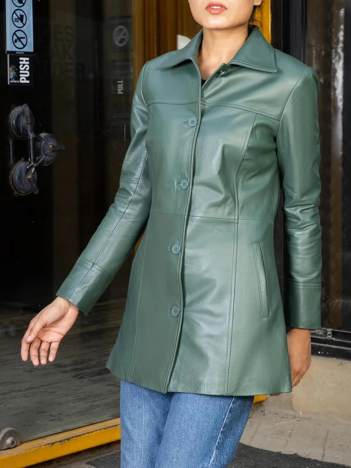 Jild Casual Car Coat Lambskin Leather Jacket Women – ¾ Length Blazer Overcoat Style Leather Long Coat Women