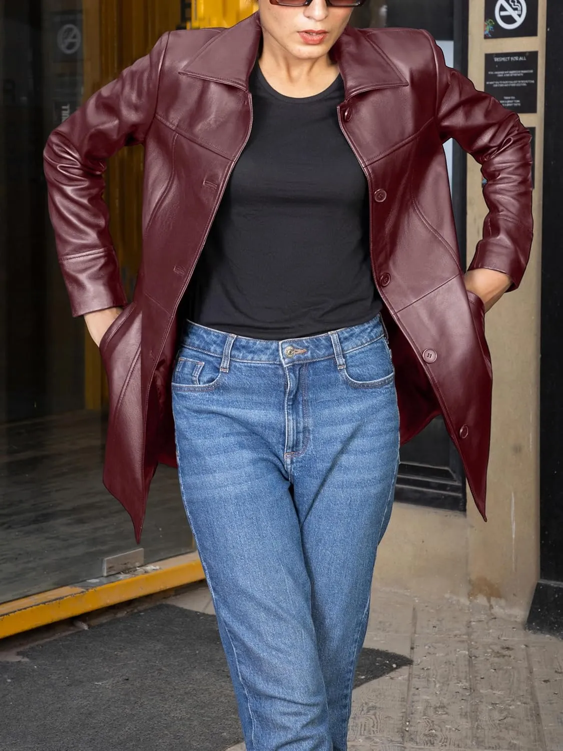 Jild Casual Car Coat Lambskin Leather Jacket Women – ¾ Length Blazer Overcoat Style Leather Long Coat Women
