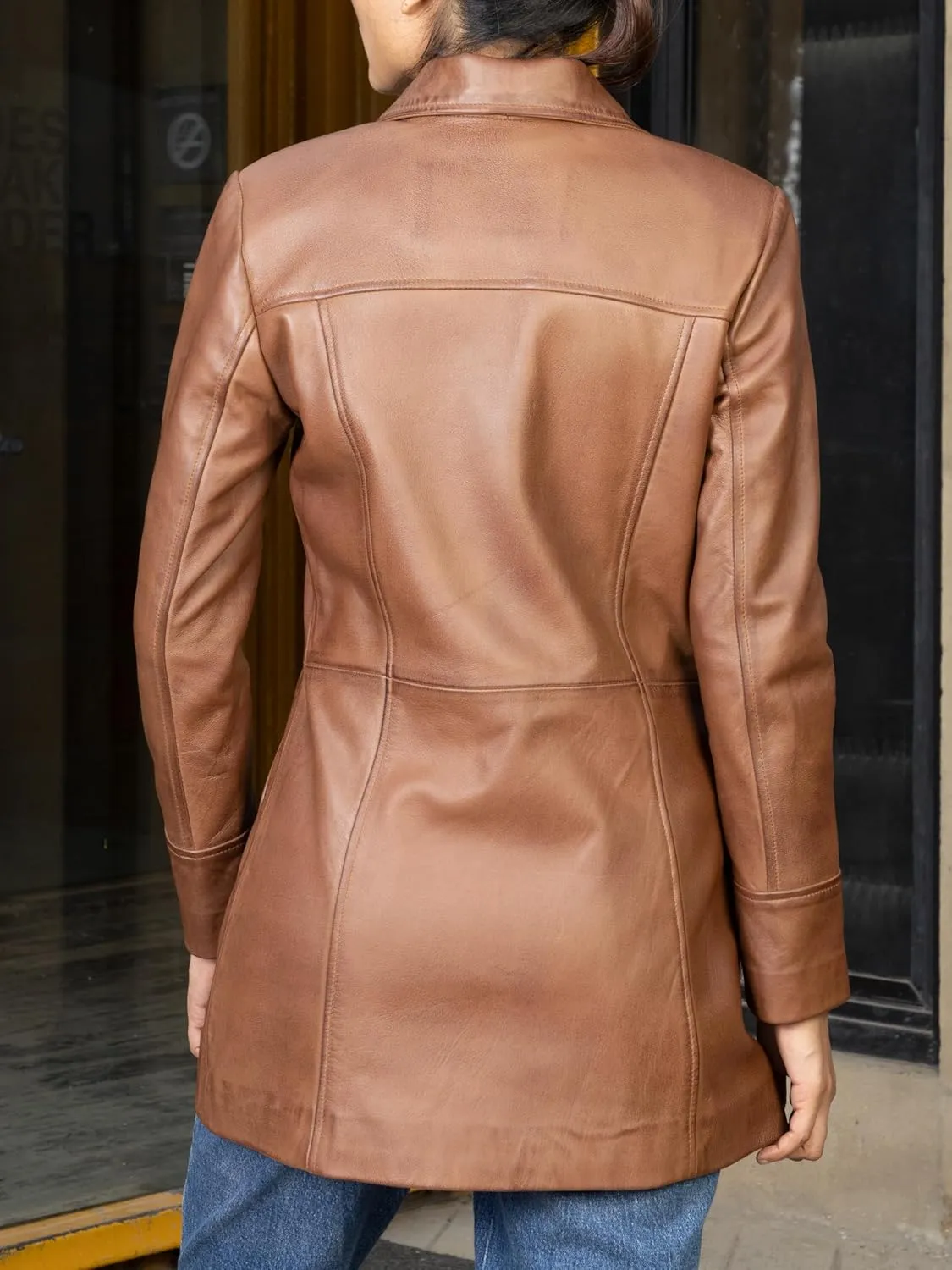 Jild Casual Car Coat Lambskin Leather Jacket Women – ¾ Length Blazer Overcoat Style Leather Long Coat Women