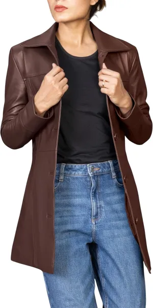 Jild Casual Car Coat Lambskin Leather Jacket Women – ¾ Length Blazer Overcoat Style Leather Long Coat Women