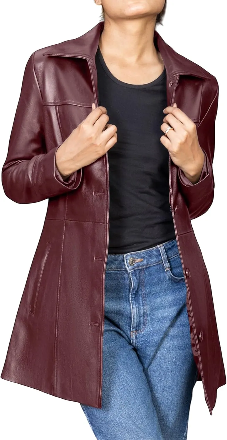 Jild Casual Car Coat Lambskin Leather Jacket Women – ¾ Length Blazer Overcoat Style Leather Long Coat Women