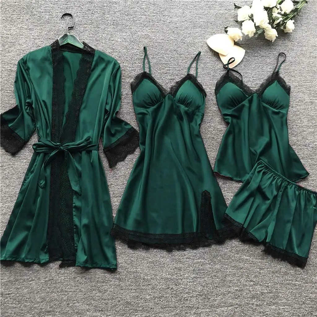 JiXiang Sleepwear for Women Pajama Set 4 Piece Sexy Silk Satin Pajamas Set Lingerie Floral Lace Cami Sleepwear with Robe