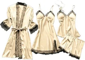 JiXiang Sleepwear for Women Pajama Set 4 Piece Sexy Silk Satin Pajamas Set Lingerie Floral Lace Cami Sleepwear with Robe