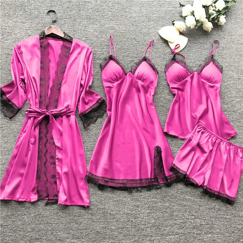 JiXiang Sleepwear for Women Pajama Set 4 Piece Sexy Silk Satin Pajamas Set Lingerie Floral Lace Cami Sleepwear with Robe