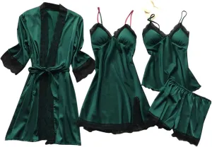 JiXiang Sleepwear for Women Pajama Set 4 Piece Sexy Silk Satin Pajamas Set Lingerie Floral Lace Cami Sleepwear with Robe