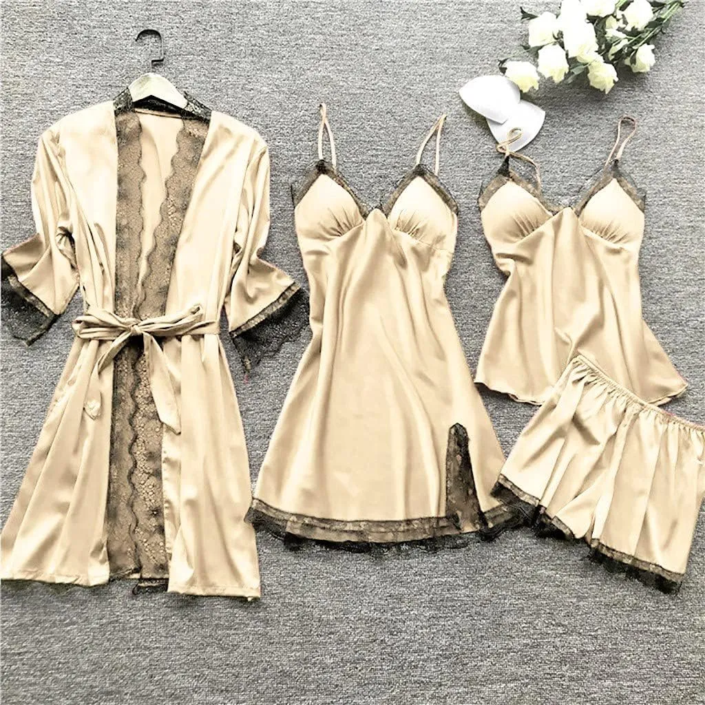 JiXiang Sleepwear for Women Pajama Set 4 Piece Sexy Silk Satin Pajamas Set Lingerie Floral Lace Cami Sleepwear with Robe