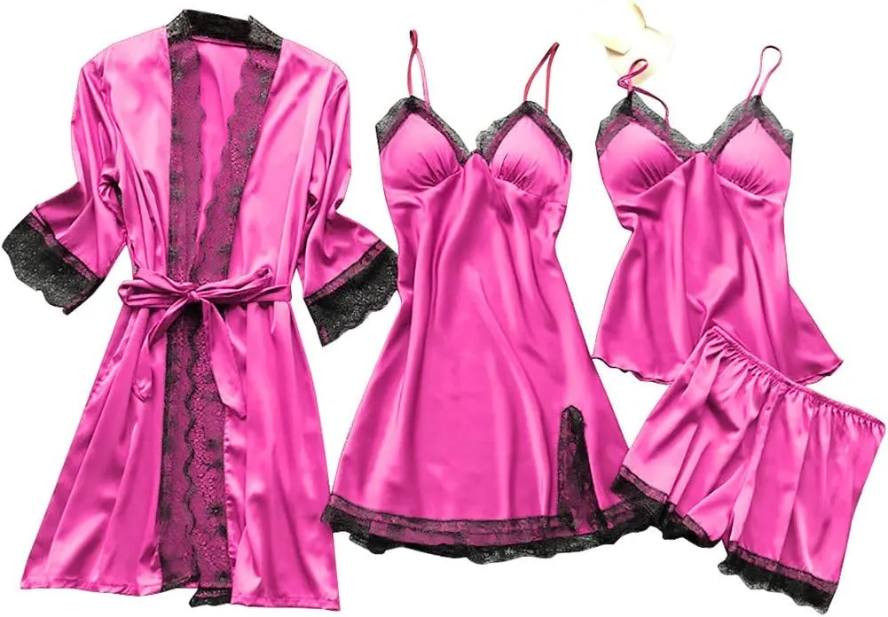 JiXiang Sleepwear for Women Pajama Set 4 Piece Sexy Silk Satin Pajamas Set Lingerie Floral Lace Cami Sleepwear with Robe
