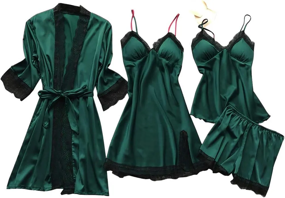 JiXiang Sleepwear for Women Pajama Set 4 Piece Sexy Silk Satin Pajamas Set Lingerie Floral Lace Cami Sleepwear with Robe