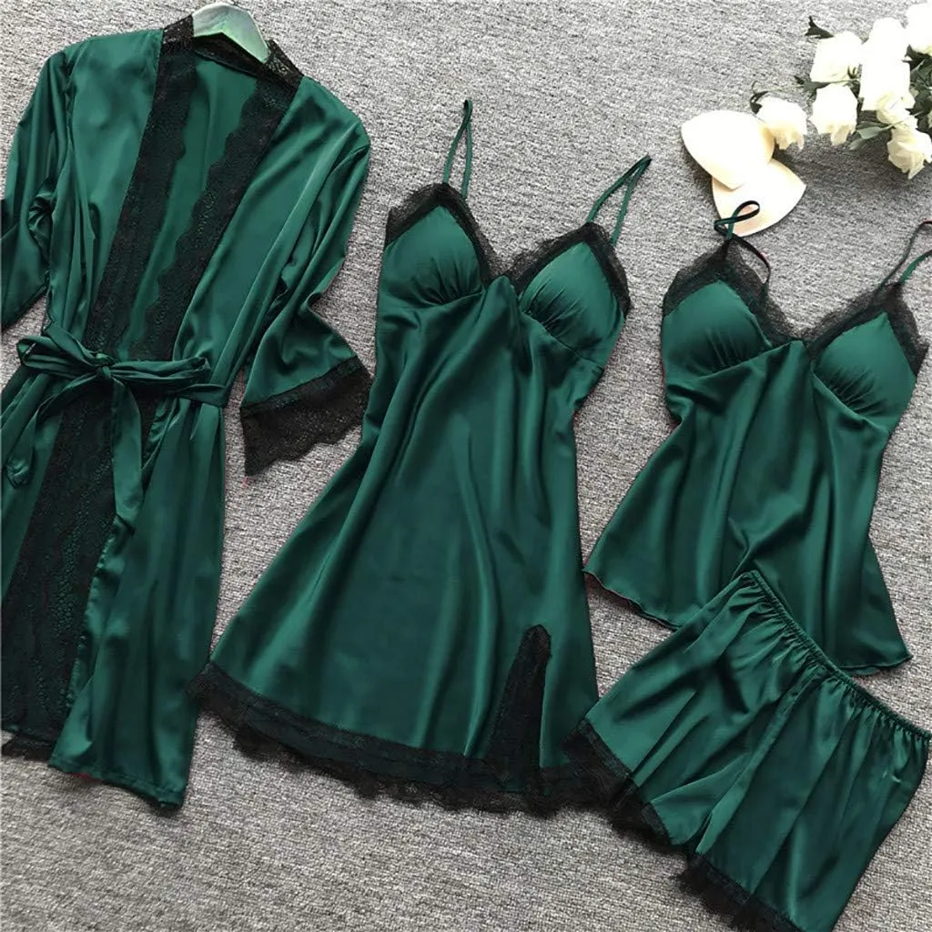 JiXiang Sleepwear for Women Pajama Set 4 Piece Sexy Silk Satin Pajamas Set Lingerie Floral Lace Cami Sleepwear with Robe