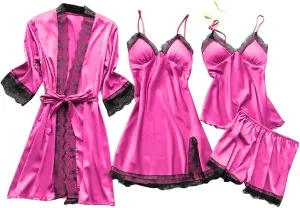 JiXiang Sleepwear for Women Pajama Set 4 Piece Sexy Silk Satin Pajamas Set Lingerie Floral Lace Cami Sleepwear with Robe