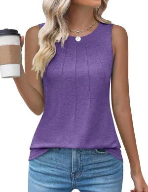 Kistore Womens Summer Tank Tops Sleeveless Crew Neck Pleated Blouse Shirts Fashion Clothes 2025