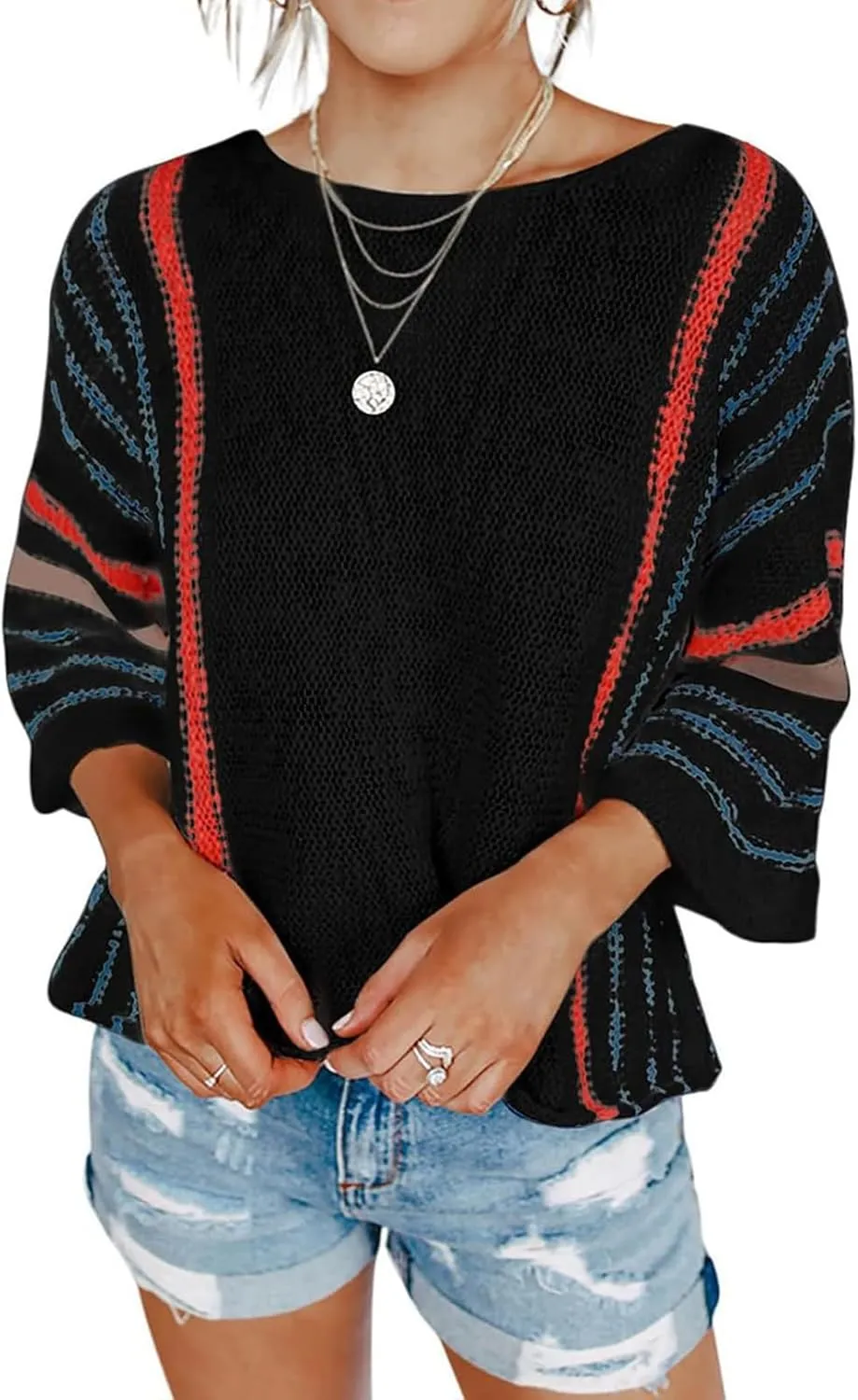 Kubbon Womens Cable Knit Sweater 2024 Fall Casual Color Block Striped Pullover Jumper Lightweight Comfy Boho Clothes