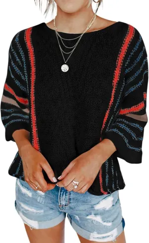 Kubbon Womens Cable Knit Sweater 2024 Fall Casual Color Block Striped Pullover Jumper Lightweight Comfy Boho Clothes