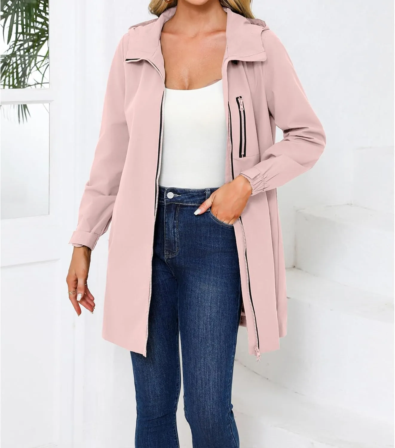 Kubbon Women's Raincoat Lightweight Waterproof Hooded Trench Coats Casual Long Sleeve Active Outdoor Windbreaker with Pocket