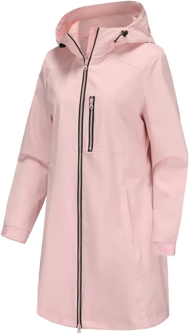 Kubbon Women's Raincoat Lightweight Waterproof Hooded Trench Coats Casual Long Sleeve Active Outdoor Windbreaker with Pocket