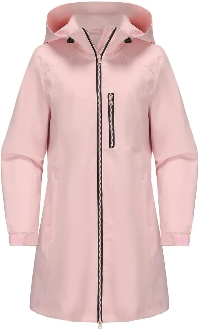 Kubbon Women's Raincoat Lightweight Waterproof Hooded Trench Coats Casual Long Sleeve Active Outdoor Windbreaker with Pocket