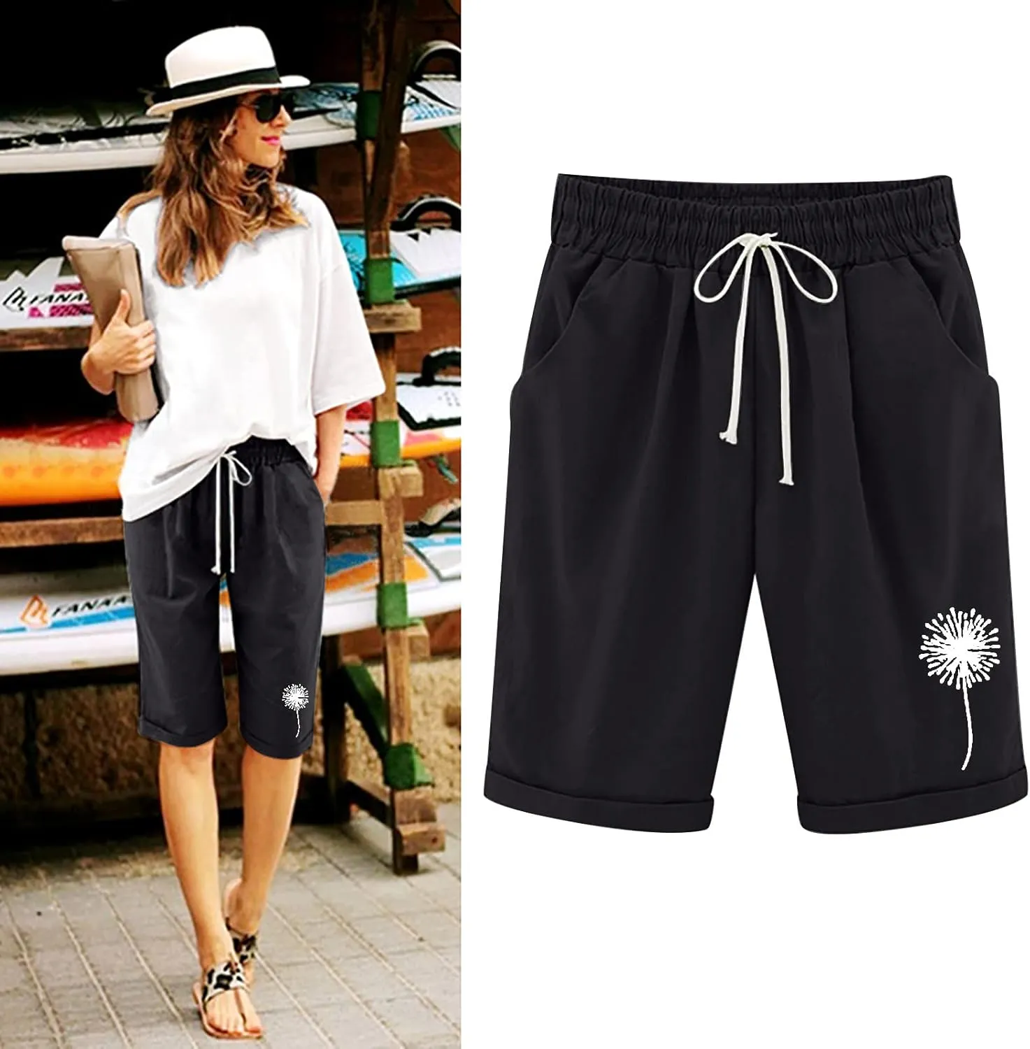 LCMTWX Flowy Shorts Waist Pants Shorts Loose Elastic Pocketed Womens Casual Drawstring Pants Flowy Shorts Jean Shorts Short