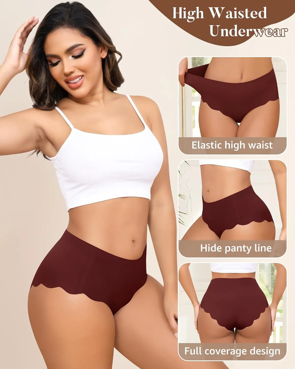 LEVAO High Waisted Seamless Underwear for Women Full Coverage No-Show Bikini Wave Edge Panties 6 Packs