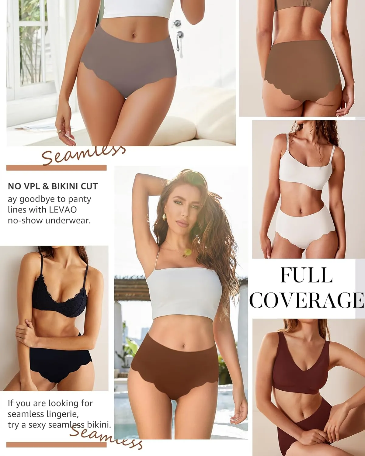 LEVAO High Waisted Seamless Underwear for Women Full Coverage No-Show Bikini Wave Edge Panties 6 Packs