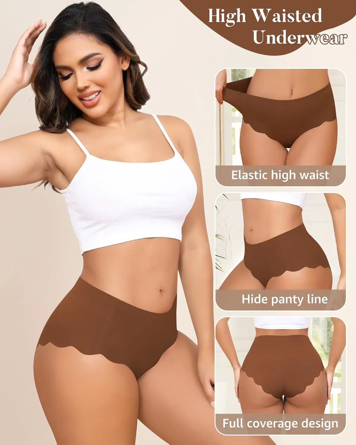 LEVAO High Waisted Seamless Underwear for Women Full Coverage No-Show Bikini Wave Edge Panties 6 Packs