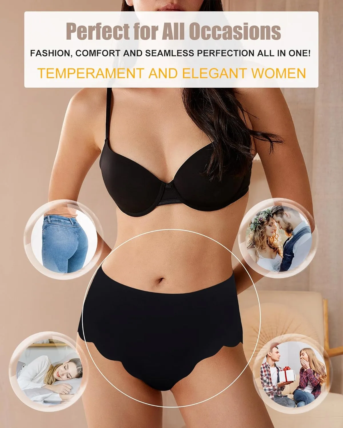 LEVAO High Waisted Seamless Underwear for Women Full Coverage No-Show Bikini Wave Edge Panties 6 Packs