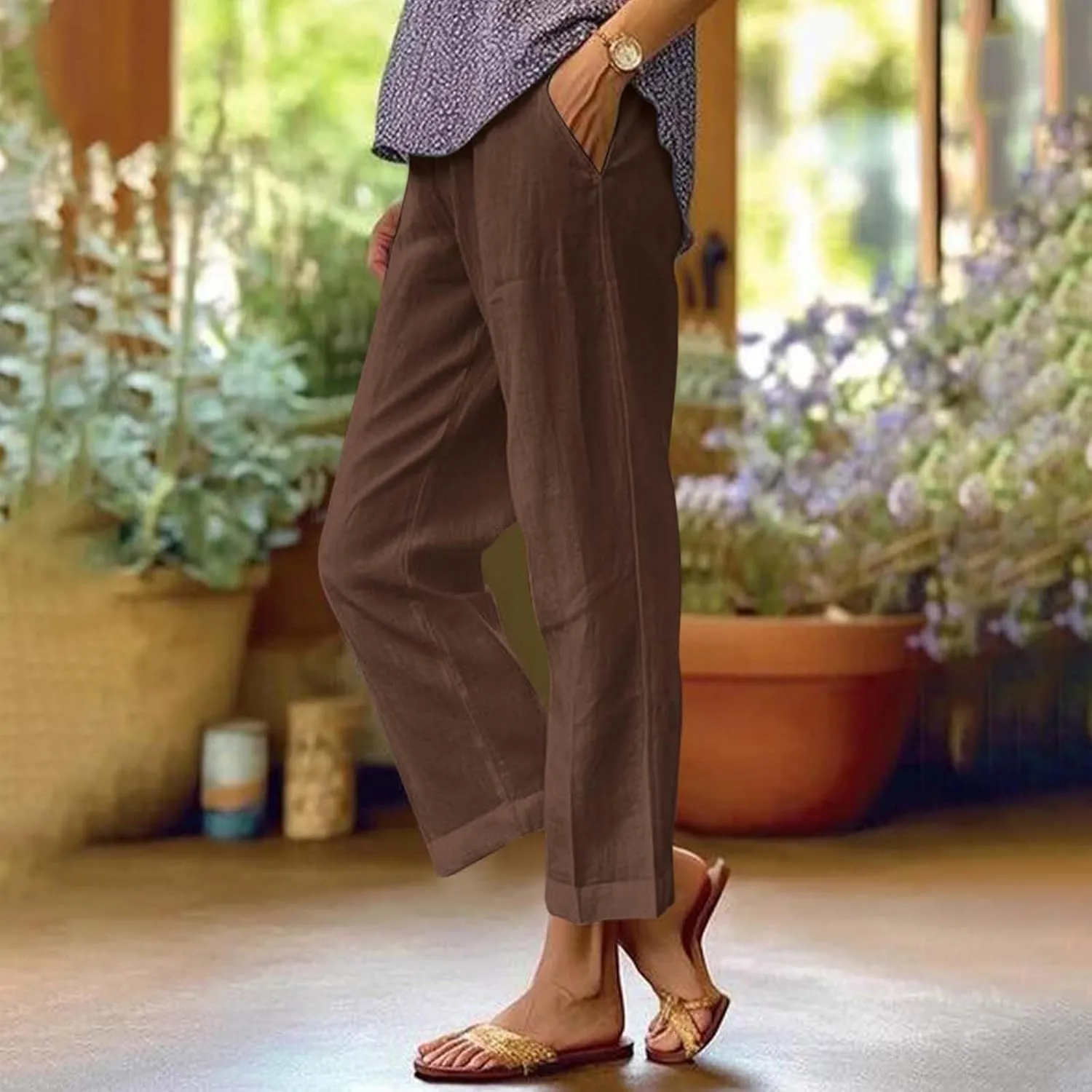 Lightweight Summer Pants Women Elastic Waist Linen Wide Leg Crop Pants Straight Leg Plus Size Capri Pants with Pocket