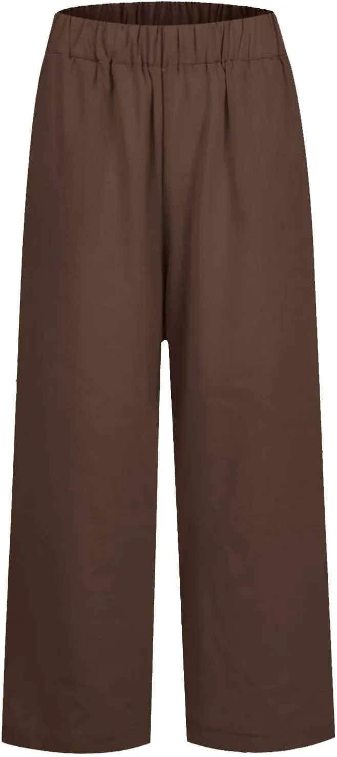 Lightweight Summer Pants Women Elastic Waist Linen Wide Leg Crop Pants Straight Leg Plus Size Capri Pants with Pocket