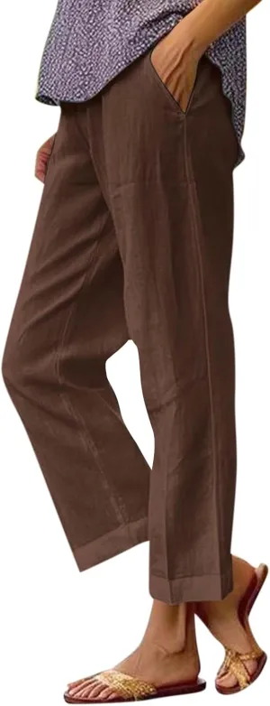 Lightweight Summer Pants Women Elastic Waist Linen Wide Leg Crop Pants Straight Leg Plus Size Capri Pants with Pocket