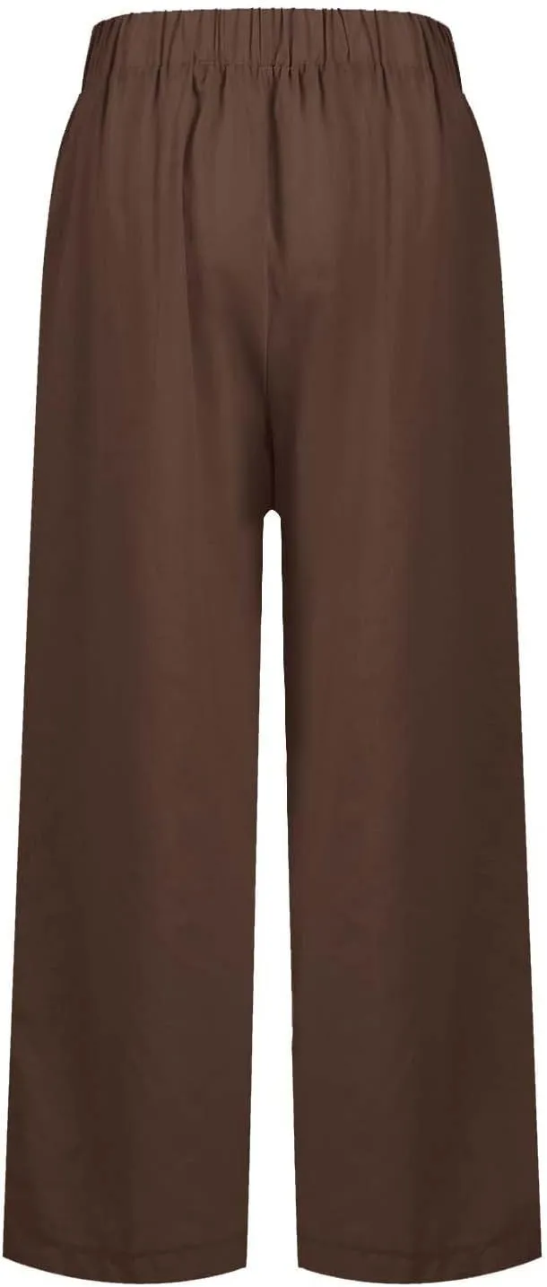 Lightweight Summer Pants Women Elastic Waist Linen Wide Leg Crop Pants Straight Leg Plus Size Capri Pants with Pocket