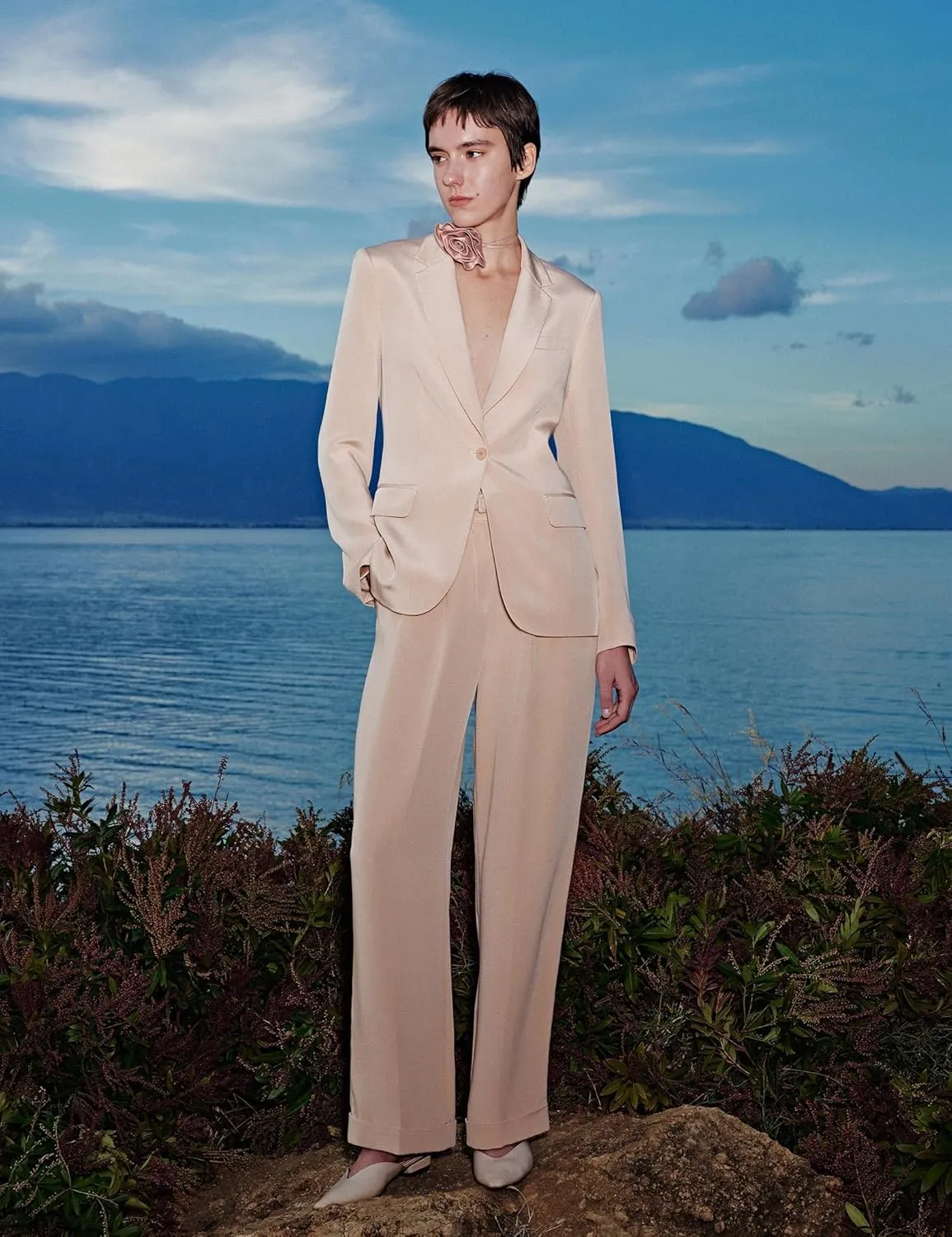 LilySilk Women 100% Silk Suit Pants Back Elastic Straight Leg Solid Casual Trousers for Ladies Work Spring Mahogany Rose
