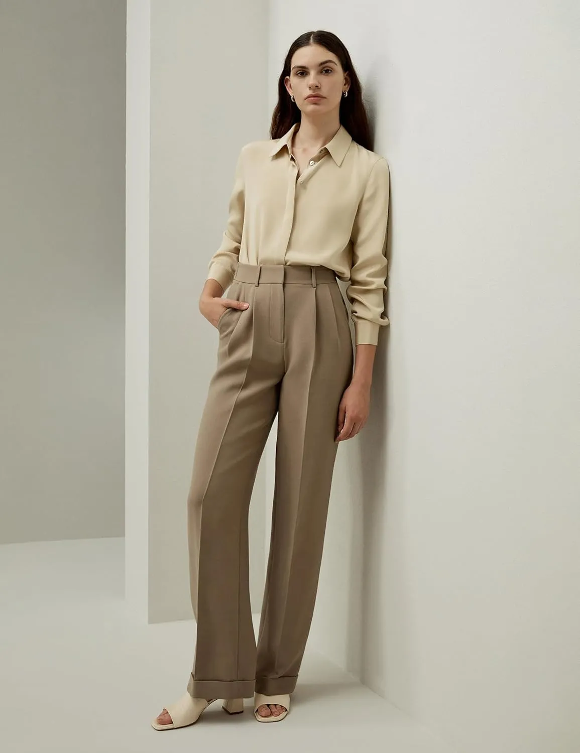 LilySilk Women Silk-Wool Blend Suit Pants Minimalist Solid Straight Leg Loose Work Trousers for Ladies Spring Casual Khaki