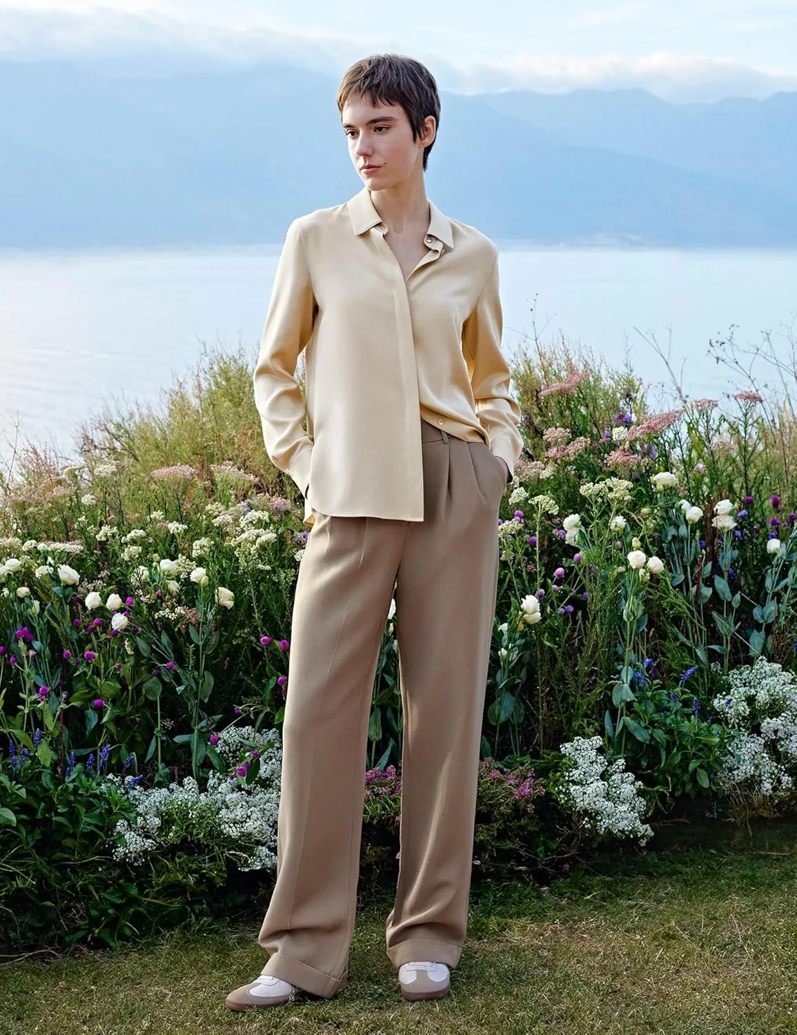 LilySilk Women Silk-Wool Blend Suit Pants Minimalist Solid Straight Leg Loose Work Trousers for Ladies Spring Casual Khaki